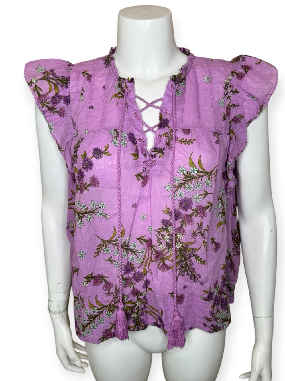 Steve Madden Floral Top Blouse L Lace-Up Tie Neckline Flutter Sleeve Purple